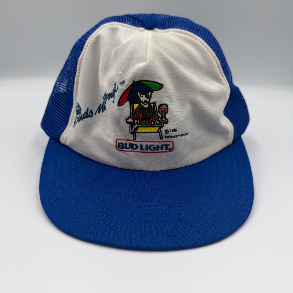 Vintage 1986 Bud Light Spuds MacKenzie Trucker Hat Blue White Snapback USA Made